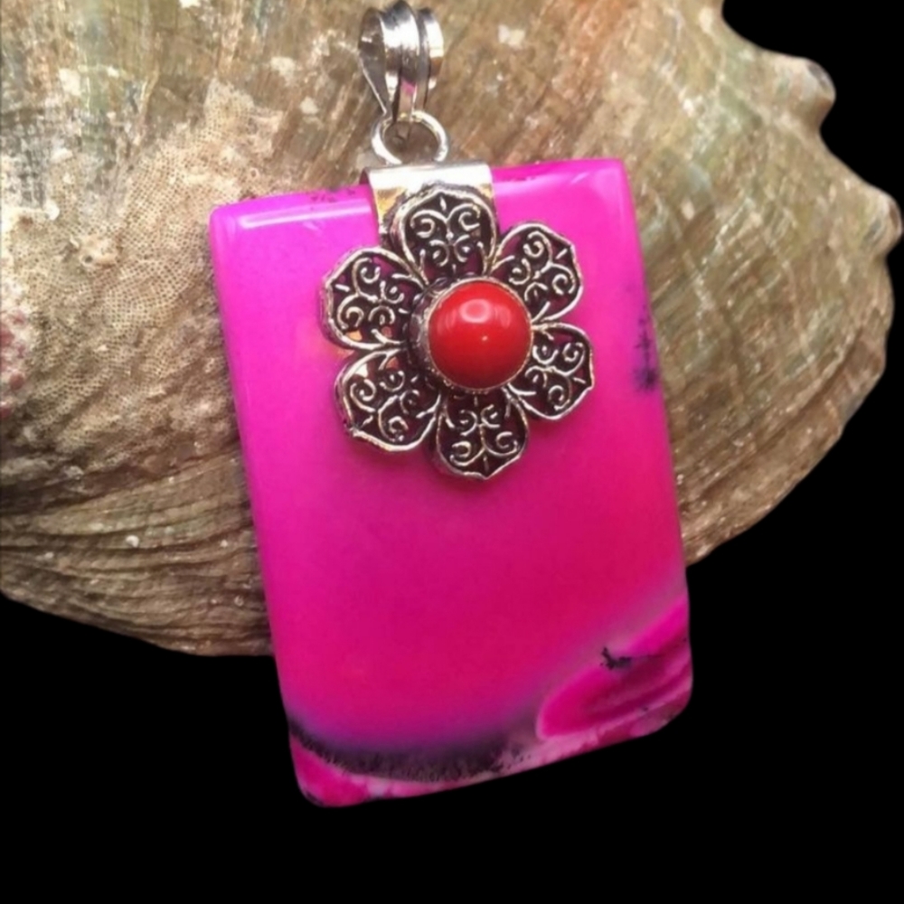 Unique bright pink dendrite opal with coral set in 925 Silver( Handcrafted) 2.4